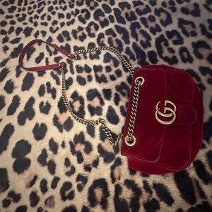 Gucci Red Velvet Shoulder Bag with Gold Double G